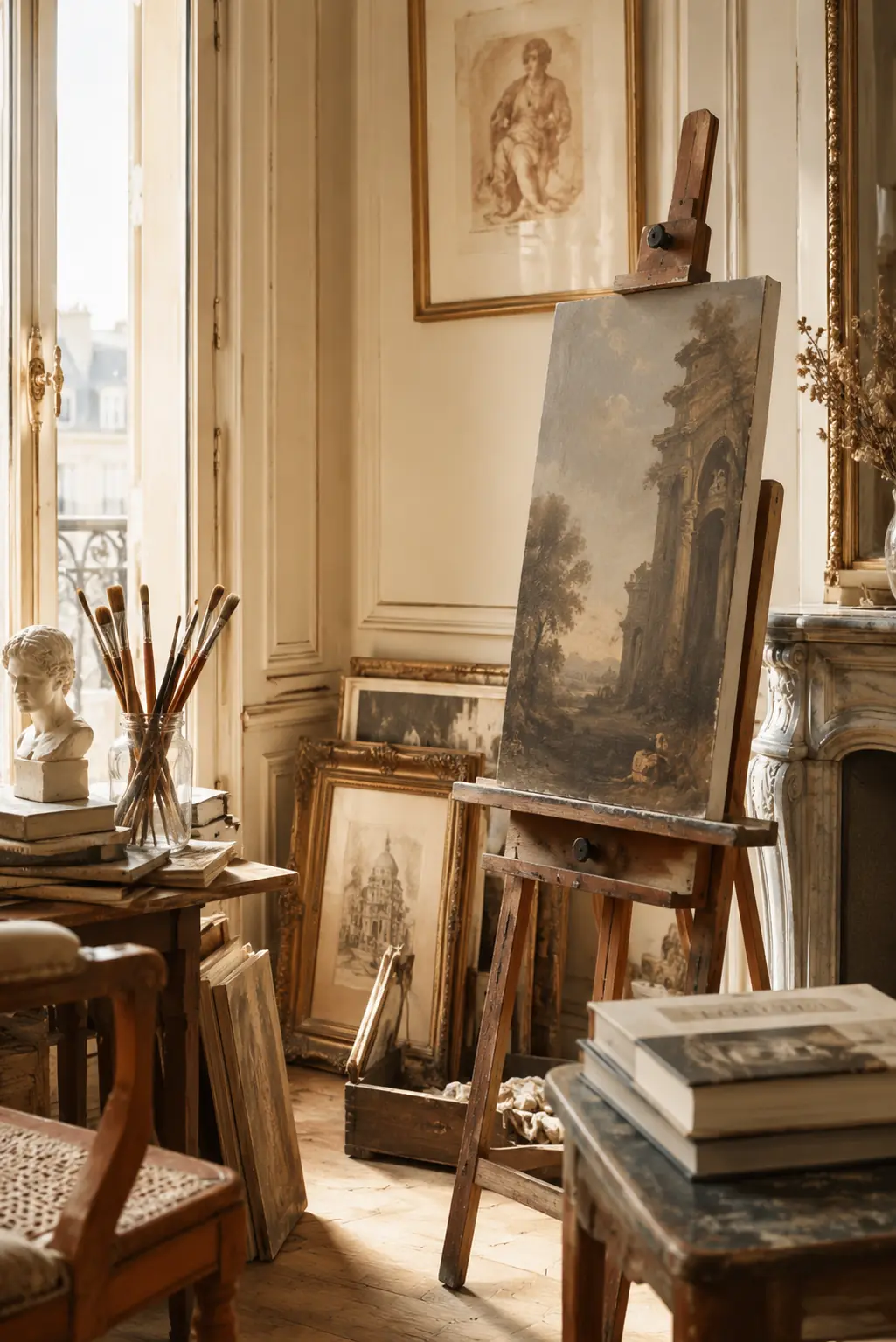 Atelier d’art classique baigné de lumière avec chevalet, pinceaux et tableaux dans un intérieur élégant