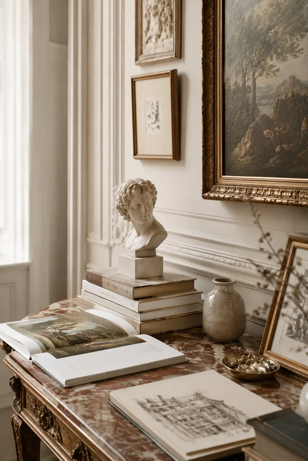 Coin décoratif raffiné avec sculpture classique, livres d’art, dessins et tableau dans un intérieur patrimonial