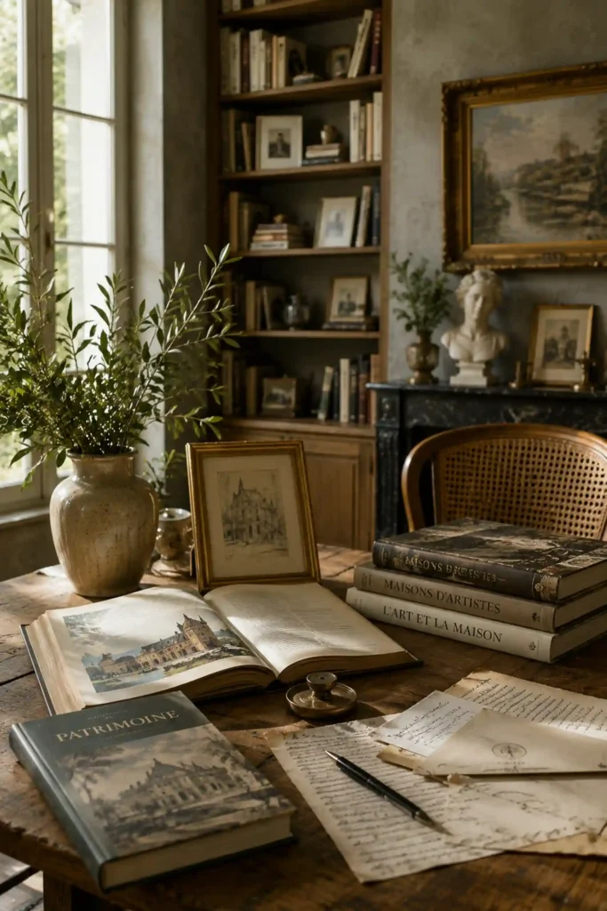 Intérieur patrimonial lumineux avec livres anciens, œuvres d’art et objets décoratifs dans une maison de caractère