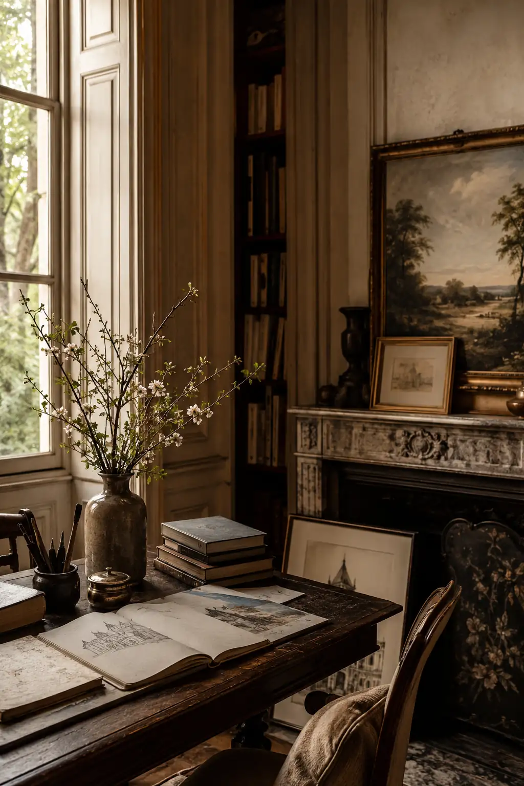 Bibliothèque classique avec livres anciens, tableaux et mobilier patrimonial dans une maison de caractère