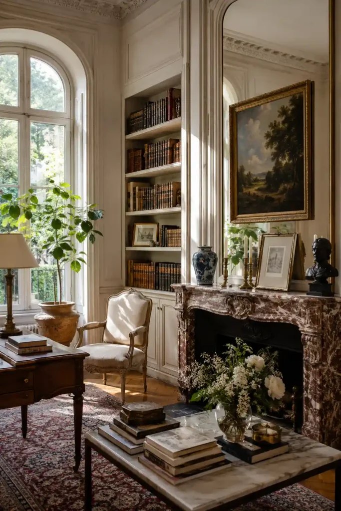 Salon lumineux avec bibliothèque ancienne, cheminée en marbre et œuvres d’art dans un intérieur patrimonial