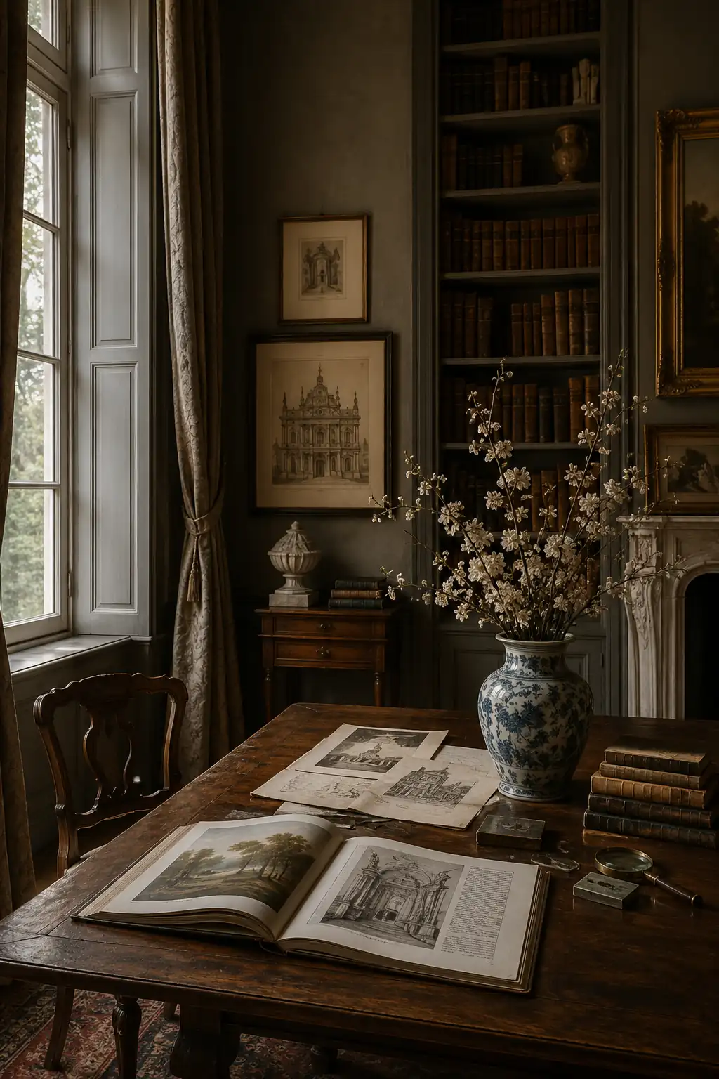 Bureau ancien avec livres d’art, gravures, vase décoratif et ambiance patrimoniale élégante