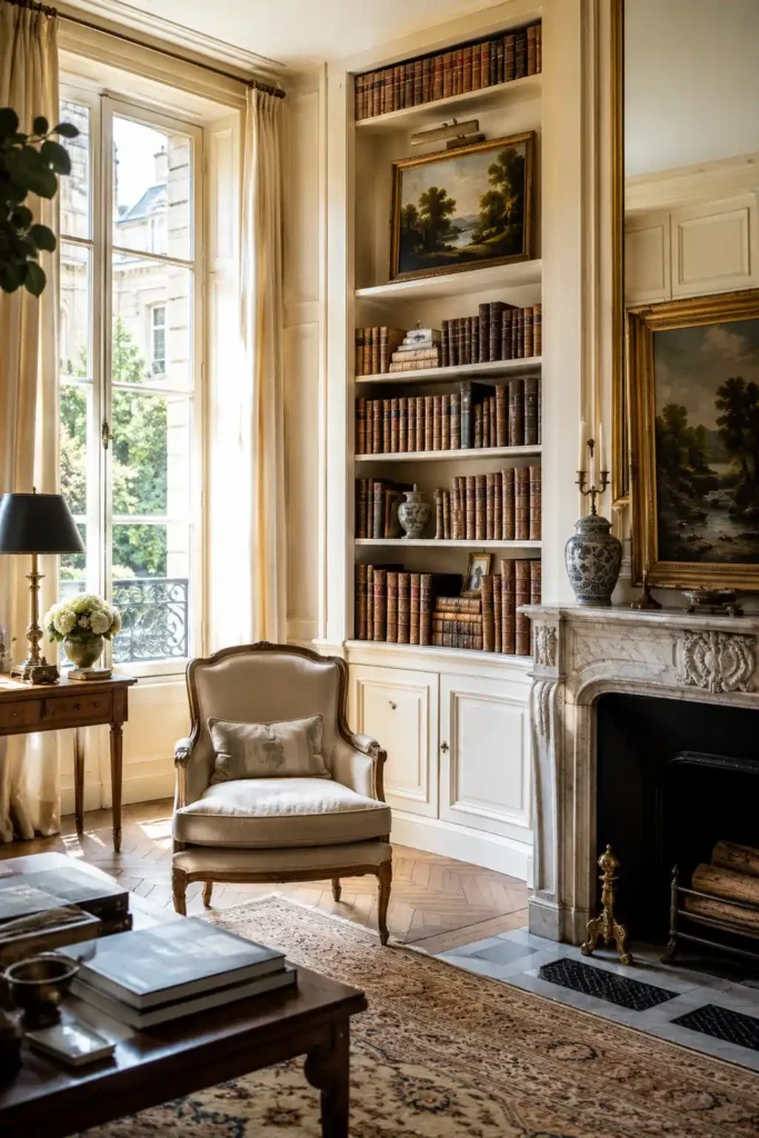 Salon parisien raffiné avec bibliothèque, cheminée ancienne, fauteuil classique et décoration artistique