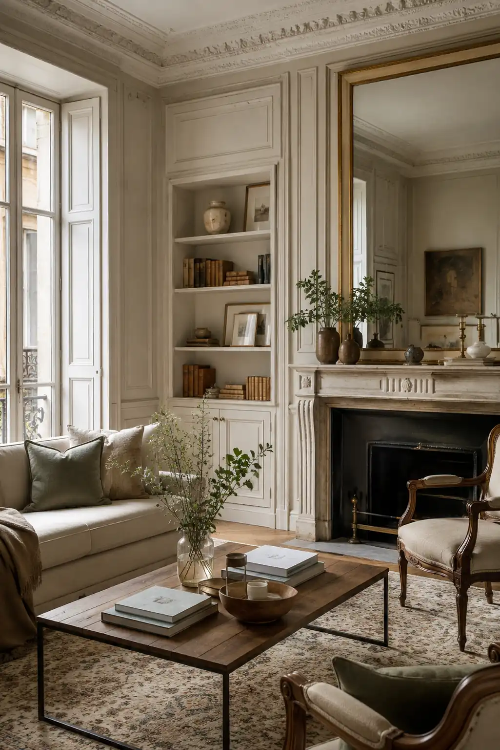 Salon élégant avec cheminée ancienne, mobilier raffiné, bibliothèque intégrée et lumière naturelle