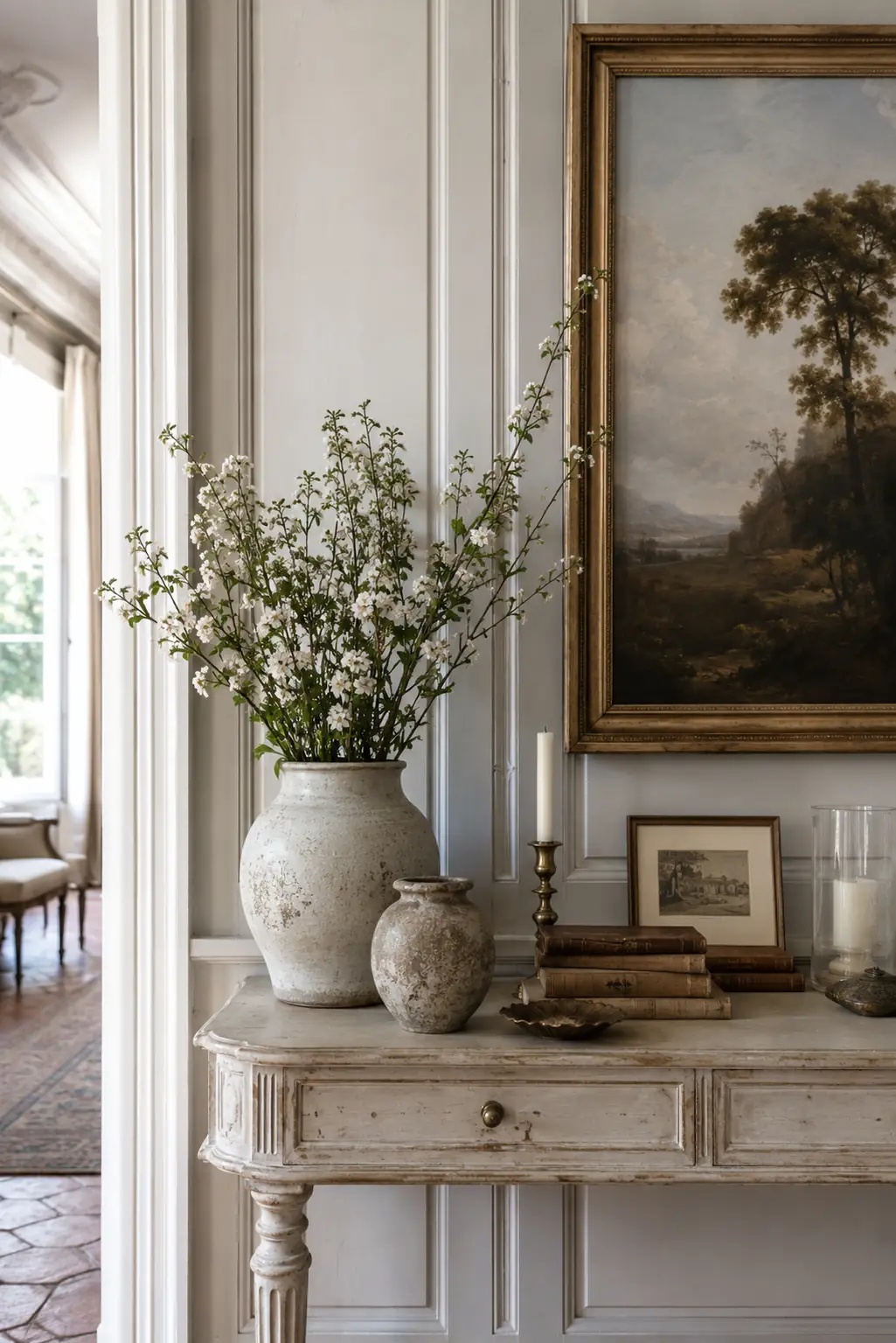 Console décorative avec vase fleuri, livres anciens, tableau encadré et ambiance maison de caractère