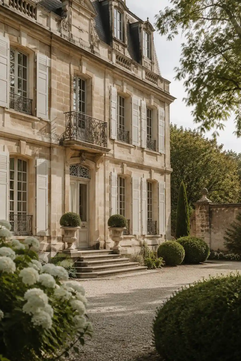 Façade de maison historique en pierre avec jardin élégant et architecture patrimoniale française