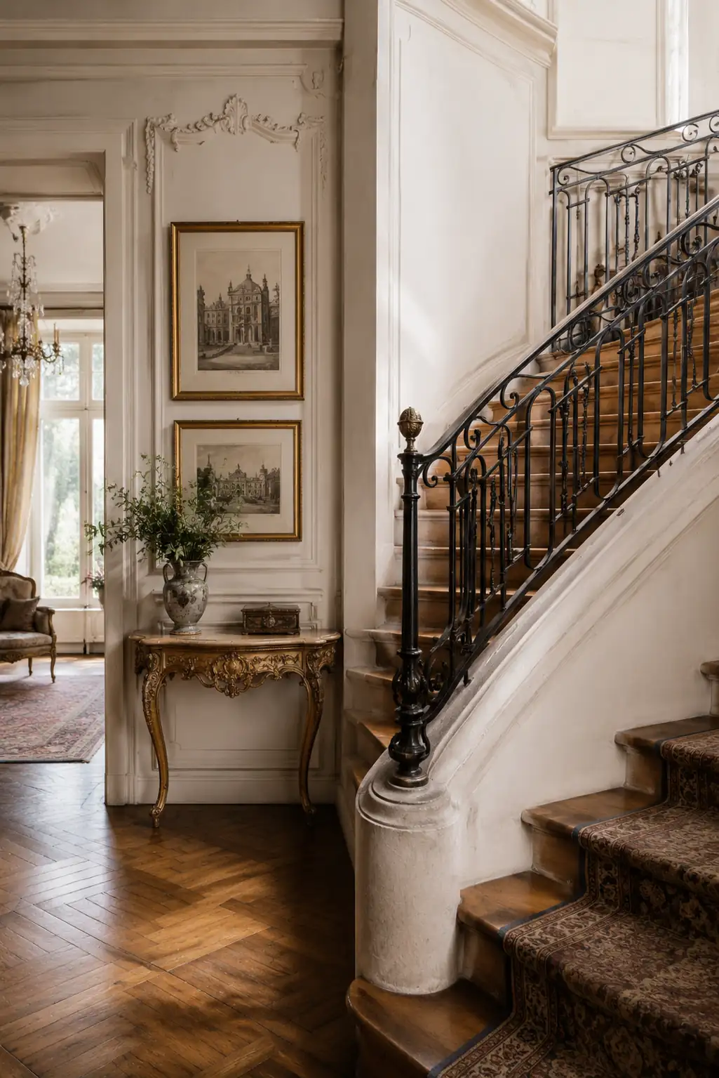 Escalier ancien dans une demeure patrimoniale avec boiseries, tableaux encadrés et décoration classique